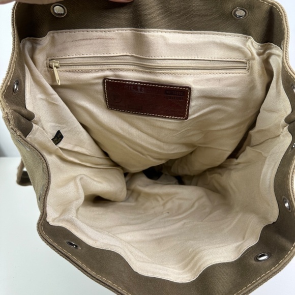 Fossil Green Canvas Brown Leather-Trim Backpack Travel Bag - Picture 12 of 13